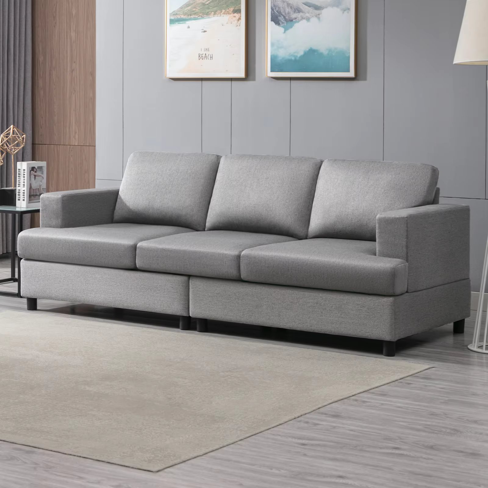 HORGAEO Upholstered 3 Seat Couch | 91 Inches Modern Comfy Sectional Sofa with Linen Fabric | 3-Seater Couch for Living Room