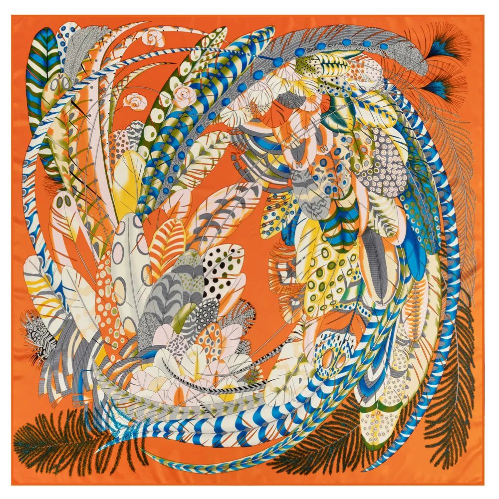 POBING Twill Silk Scarf Women Shawls Indian Feather Print Stoles Bandana Kerchief Hijab Square Scarves Wraps Silk Foulards 130CM