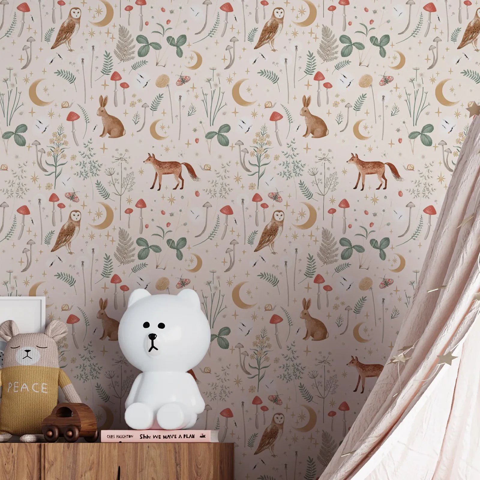 Enchanted Twilight Natural Wallpaper,Floral Flowers Animal Print Woodland Wall Paper For Trendy Playroom Nursery Feature Decor