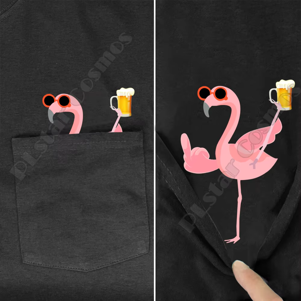 Flamingo Beer Pocket Tee T Shirts summer printed t-shirt men for women tops black cotton funny Short sleeve tops Drop shipping