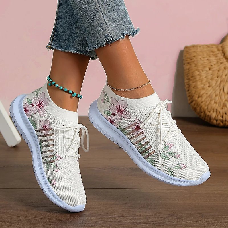 Rimocy Fashion Printed Knitted Sneakers Women 2024 New Lightweight Breathable Flats Woman Lace-Up Non-Slip Ladies Sports Shoes