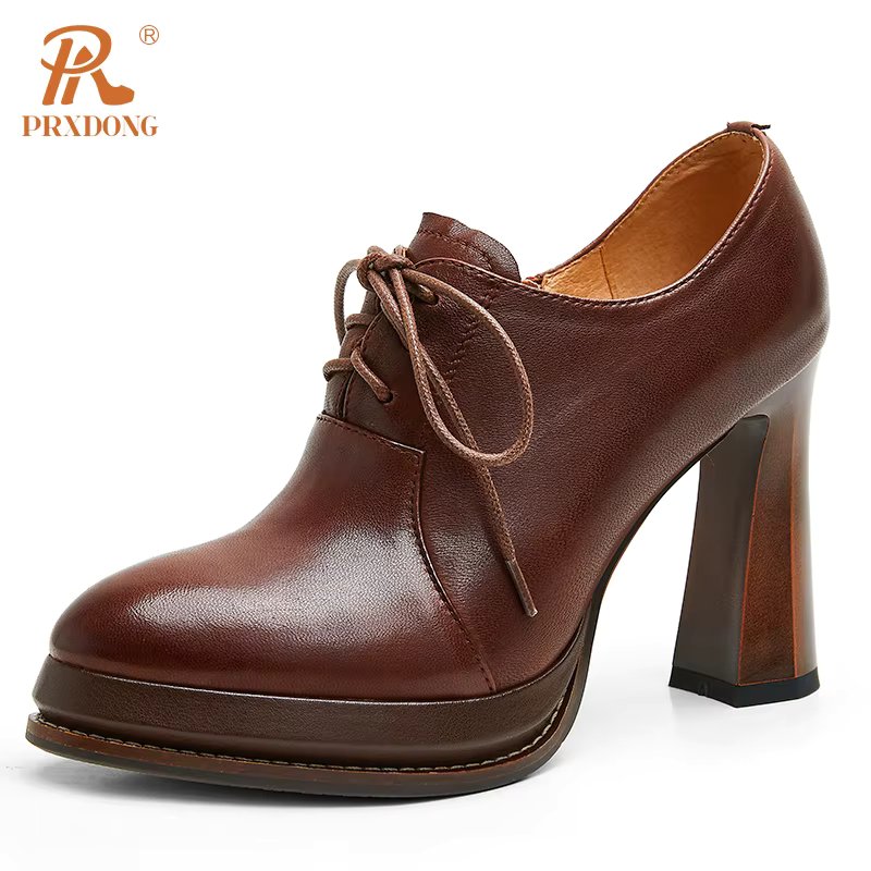 PRXDONG Brand Women's Pumps 2024 New Spring Autumn Genuine Leather High Heels Platform Black Brown Dress Party Female Work Shoes