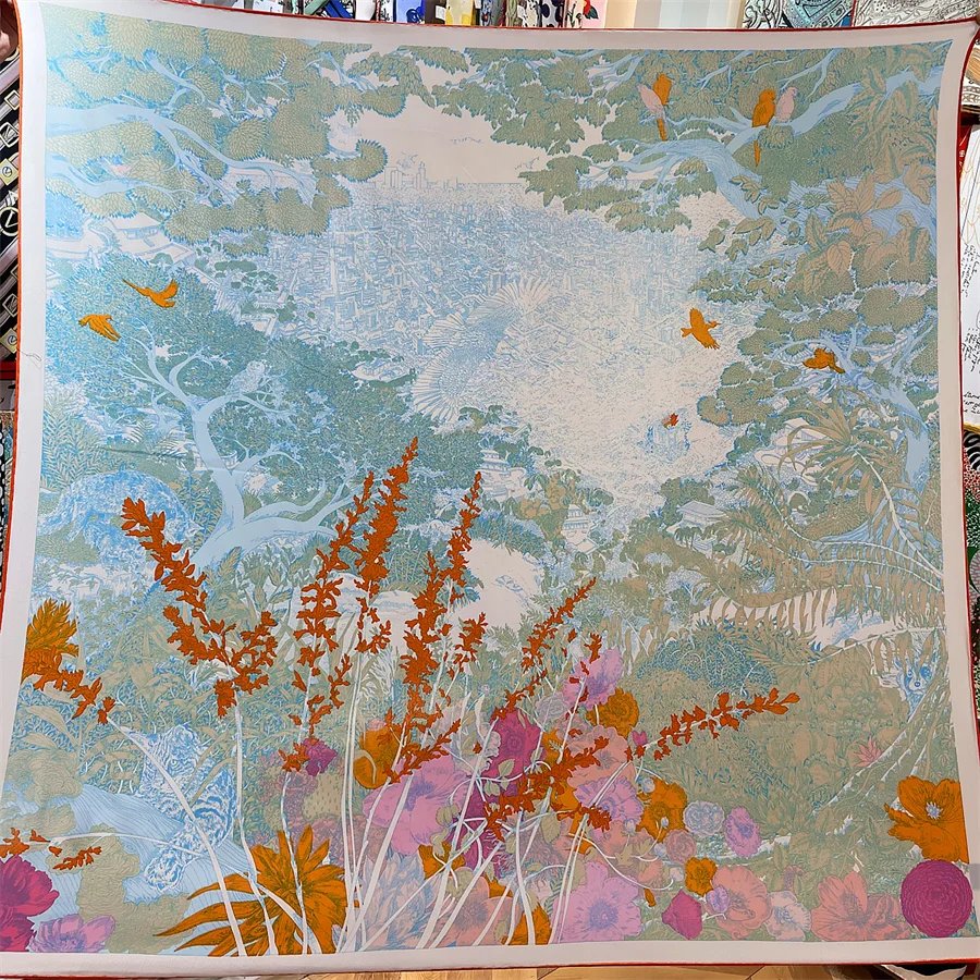 POBING Silk Cashmere Scarf Women Hand Rolled Foreast City Print Square Scarves Wraps Bandana Big Hijabs Female Foulard 135CM