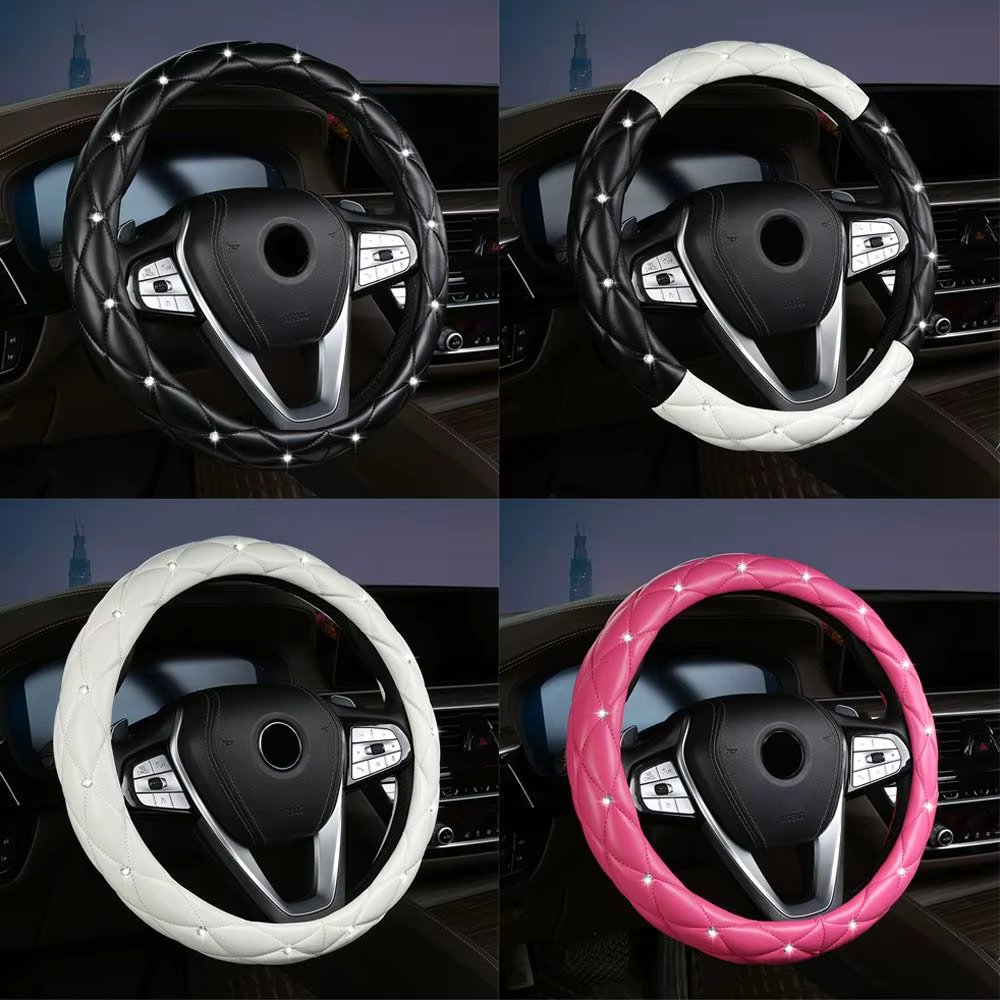 Fashion Women PU Leather Car Steering Wheel Cover Diamond Black Pink Auto Wheel Covers Cases for Lady Girls Car Accessories