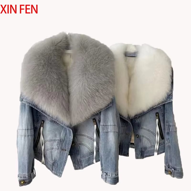 2024New Winter Women Clothing,100%Natural Real Fox Fur V Collar Coats,Goose Down Puffer Jackets,Luxury Short Denim Jacket Coat