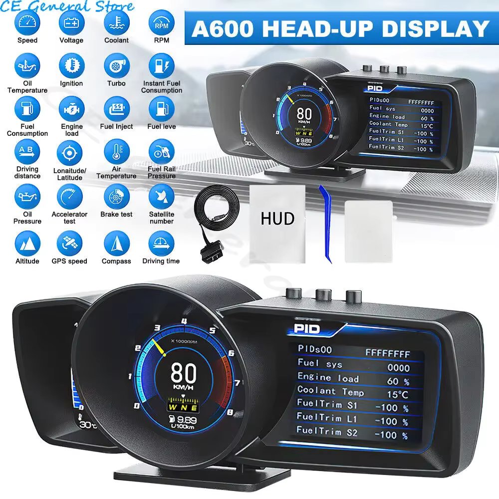 A600 Newest Head Up Display Auto Display OBD2+GPS Smart Car HUD Gauge Digital Odometer Security Alarm Water&Oil Temp. RPM
