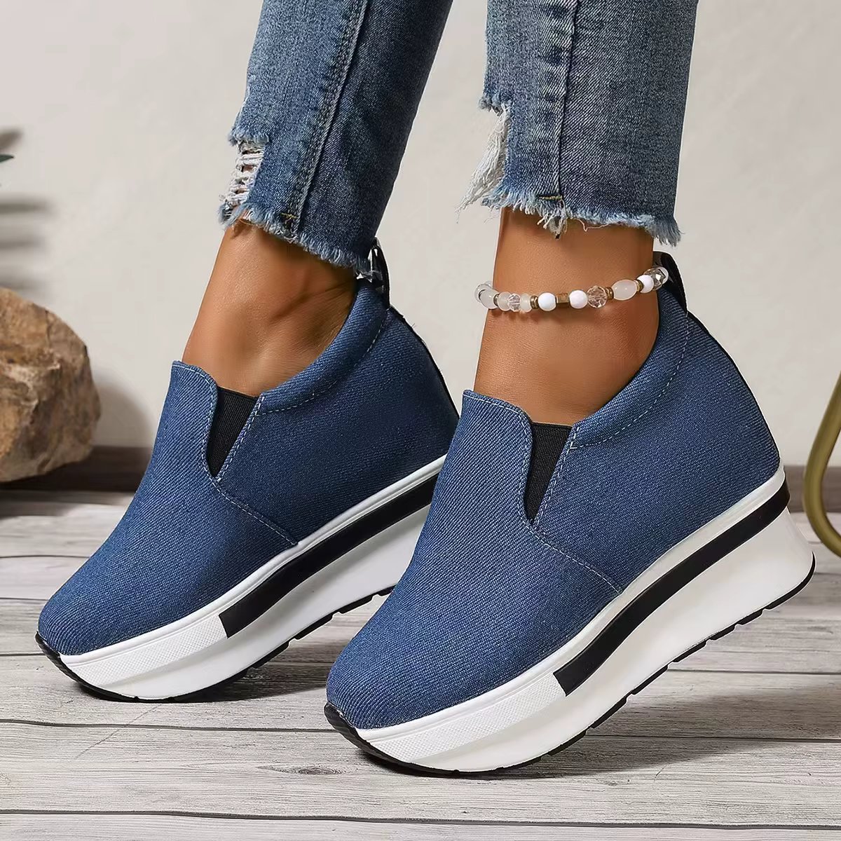 Women's Height Increasing Wedges Shoes Lightweight Slip On Platform Sneakers Women Thick Sole Denim Walking Rocker Shoes Woman