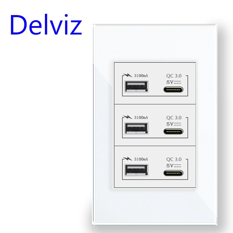 Delviz Brazil standard Wall Socket, White / Black Toughening Crystal Glass Panel 120mm*72mm, 18W 3A Type C USB Quick charge port