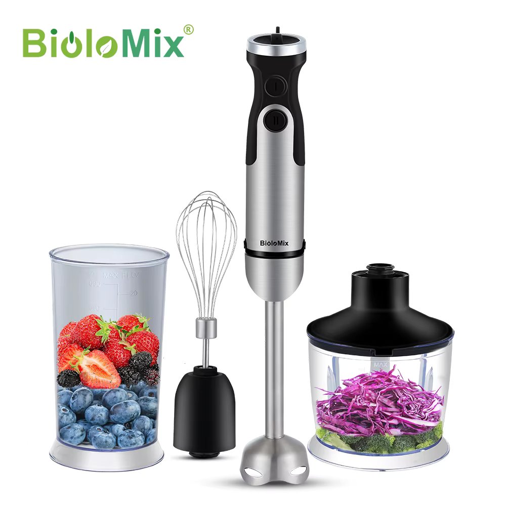 BioloMix 1200W 5-in-1 Immersion Hand Stick Blender Mixer Vegetable Meat Grinder 800ml Chopper Whisk 600ml Smoothie Cup