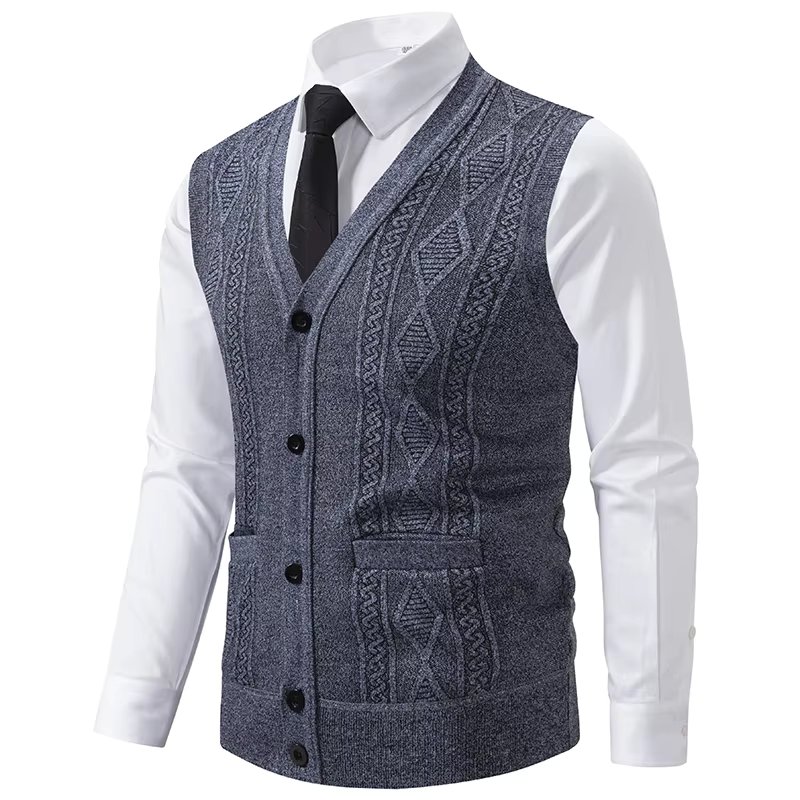 Autumn Winter Warm Slim Fit Knit Vests Men V-Neck Solid Color Smart Casual Knitted Waistcoat Mens Geometric Sleeveless Knit Vest