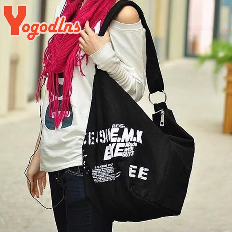 Yogodlns Letter Decors Canvas Shoulder Bag For Women Large Capacity Tote Bag Student Bookbags Travel Duffle Bag Shopping Totes