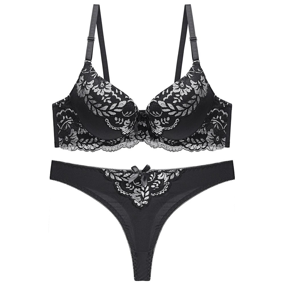 Sexy Lace Women Push Up Bra Sets Sequins Thongs Bra Brief Sets French Romantic Intimate Underwear Panty Set
