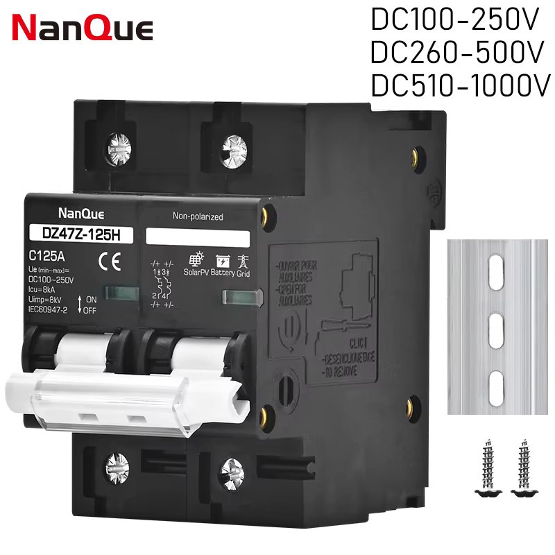 2P MCB 100A 125A 150A DC100V 150V 250V 500V 1000V Voltage Circuit Breaker C Curve Solar Panel Battery Short Circuit Protection