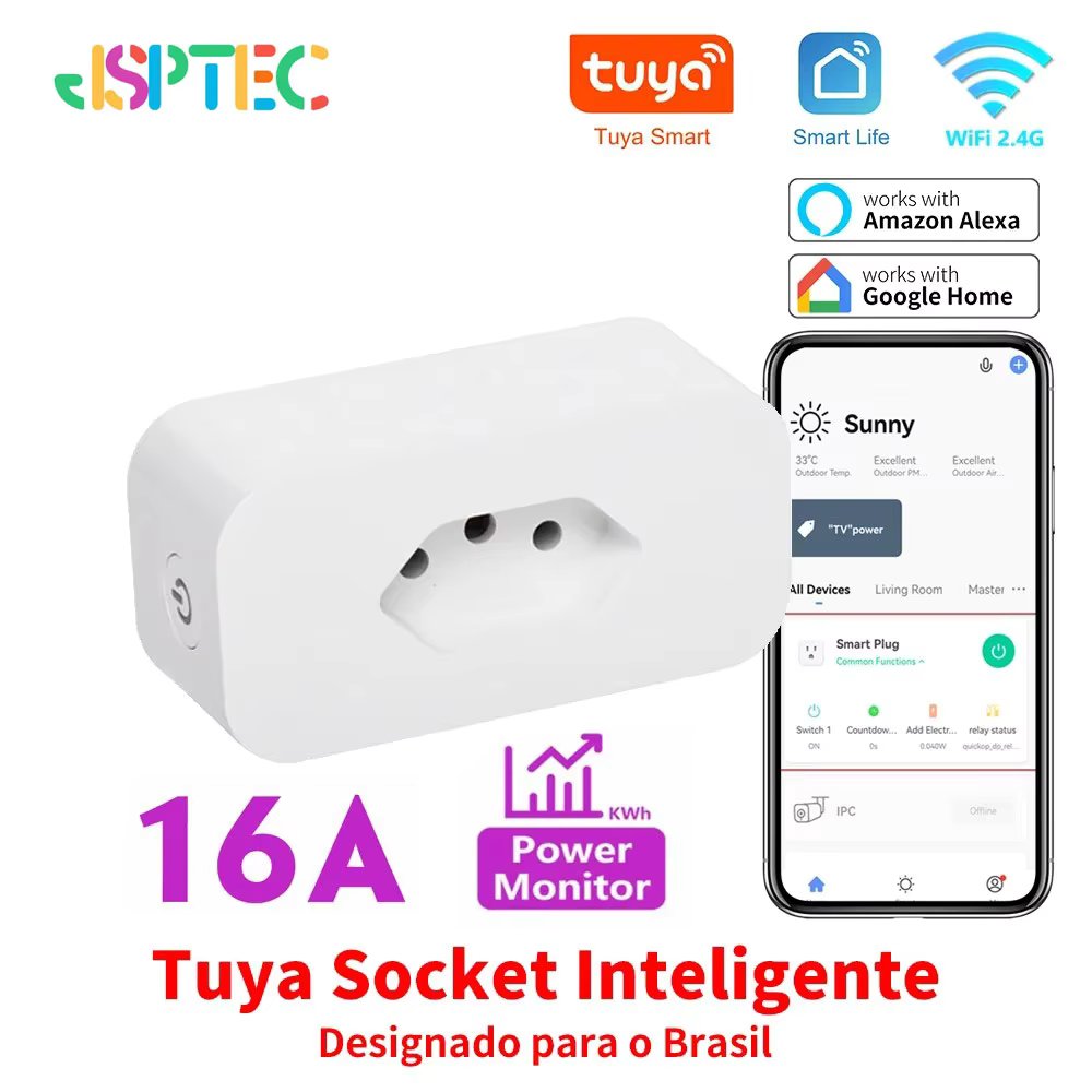 Tuya 16A Brazil Standard WiFi Smart Plug with Power Monitor Smart Life APP Smart Socket Voice Work for Google Home Alexa