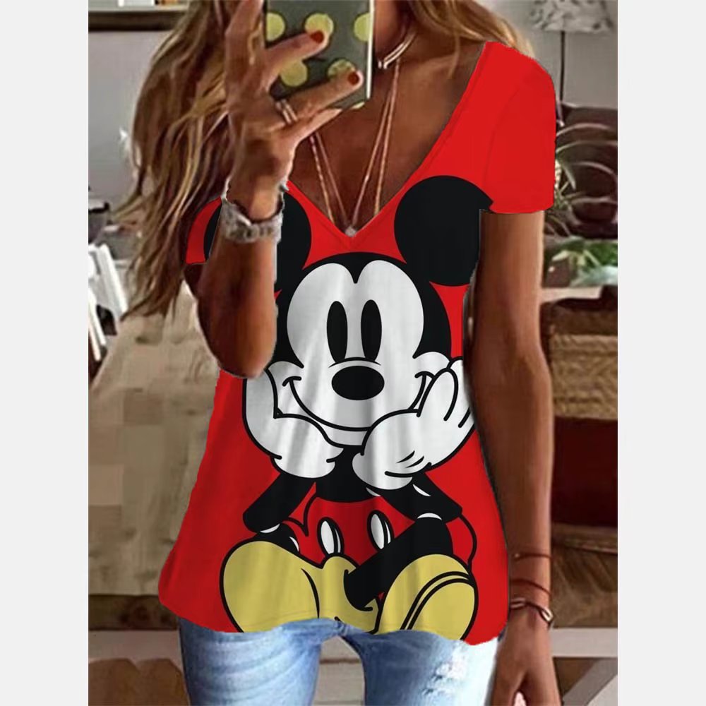 Women's Plus Size Mickey Mouse Casual V-neck Short Sleeved 3D Print Loose T-shirt Sports Outdoor Top Women Clothing