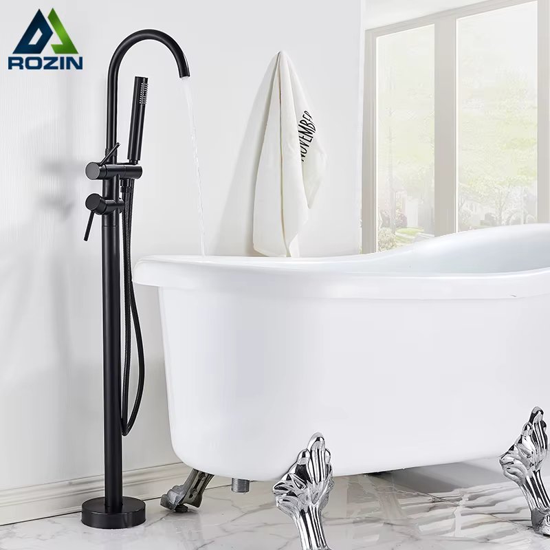 Rozin Black Bronze Bathroom Bathtub Shower Faucets Round Floor Standing Faucet Hot Cold Water Mixer Tap,Tub Spout & Hand Shower