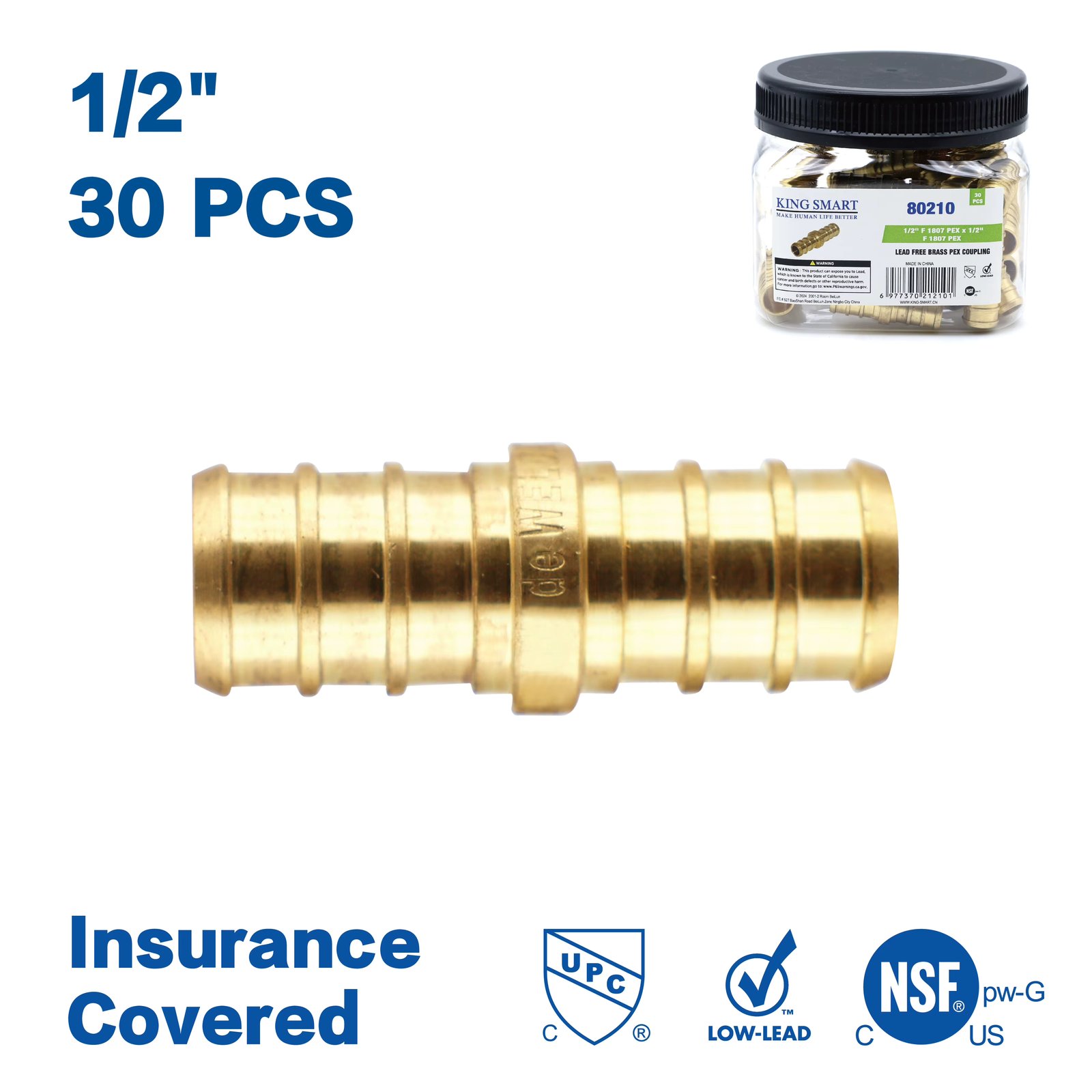 KING SMART Crimp/F1807 PEX 1/2" * 1/2" PEX Coupling; Lead Free Brass; 30Pcs/Case; 80210