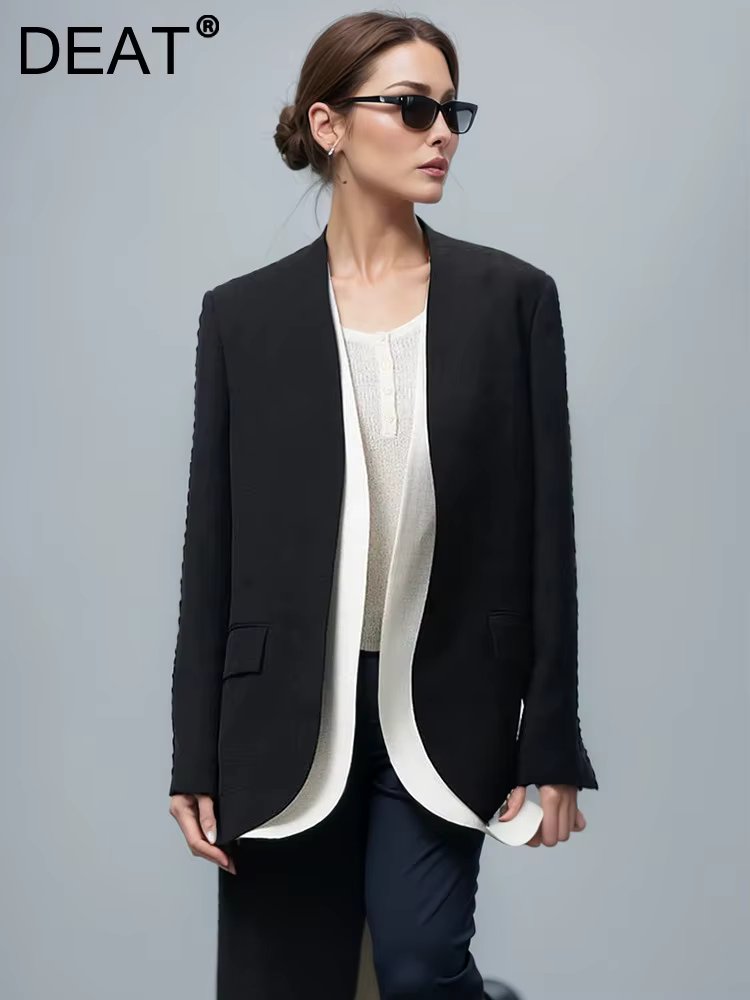 DEAT Fashion Women's Fake 2 Pcs Set Blazer Spliced Lightweight Sheer Lining Vintage Velvet Suit Jackets Summer 2024 New 7AB4301