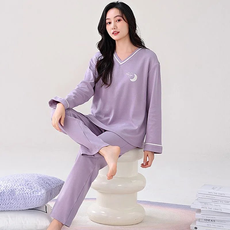2025 Spring Plus Size Long Sleeve Cotton Pajama Sets for Women Korean Loose Sleepwear Pyjama Pijama Mujer Homewear Home Clothes