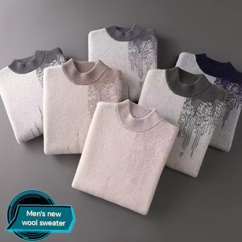 Autumn and Winter New 100% Wool Sweater Men's Half High Neck Gradient Thickened Sweater Color blocked Large Base Knitted Sweater