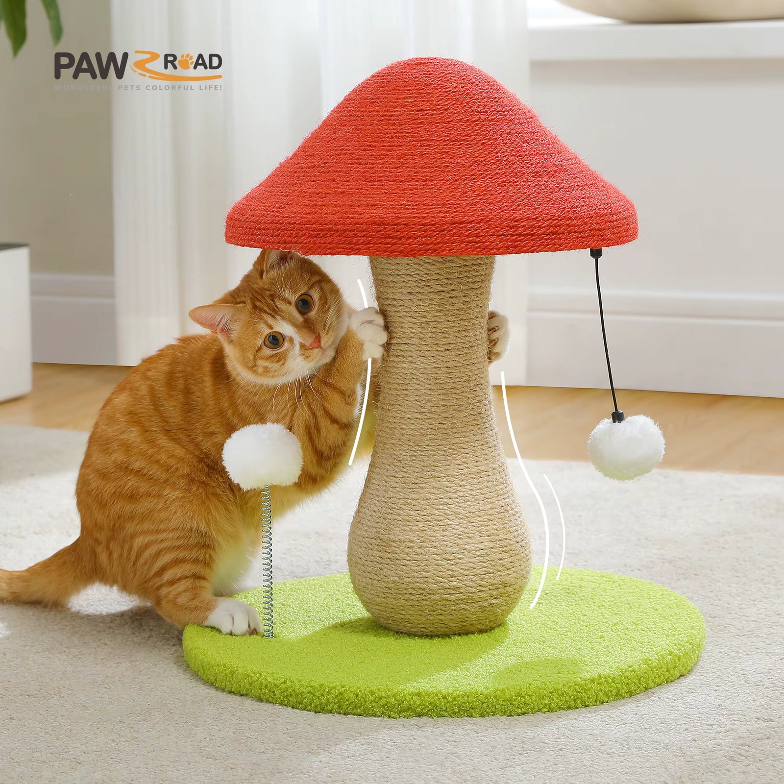Mushroom Cat Scratching Post, Cat Scratcher Cute with 100% Sisal Covered Scratching Post & Pompoms Cat Toy, Mushroom Cat Post