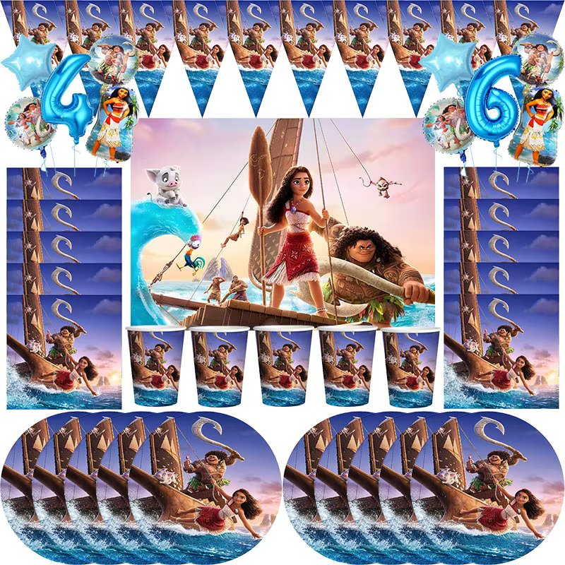 New Disney Moana 2 Birthday Decoration Supplies Paper Cups Plates Moana Theme Balloons Backdrop Baby Happy Party Favors For Kids