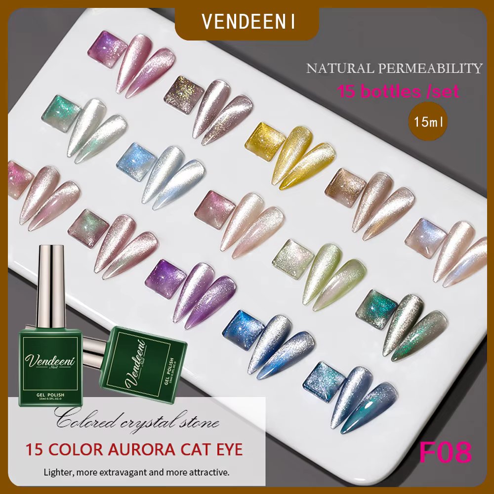 Vendeeni 15 Colors/set Colourful Aurora Glitter Powder Cat Eye Gel Nail Polish Magnetic Gel Varnish UV LED Soak Off Gel Lacquer