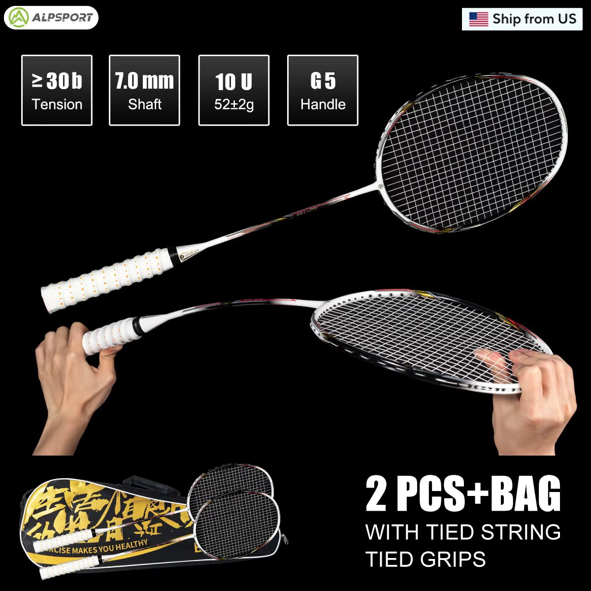 ALPSPORT 10U AIR Elite Pro Badminton Racket - Ultra-Light, Original Import，Local USA Shipping, Perfect for All Skills - Win Now!