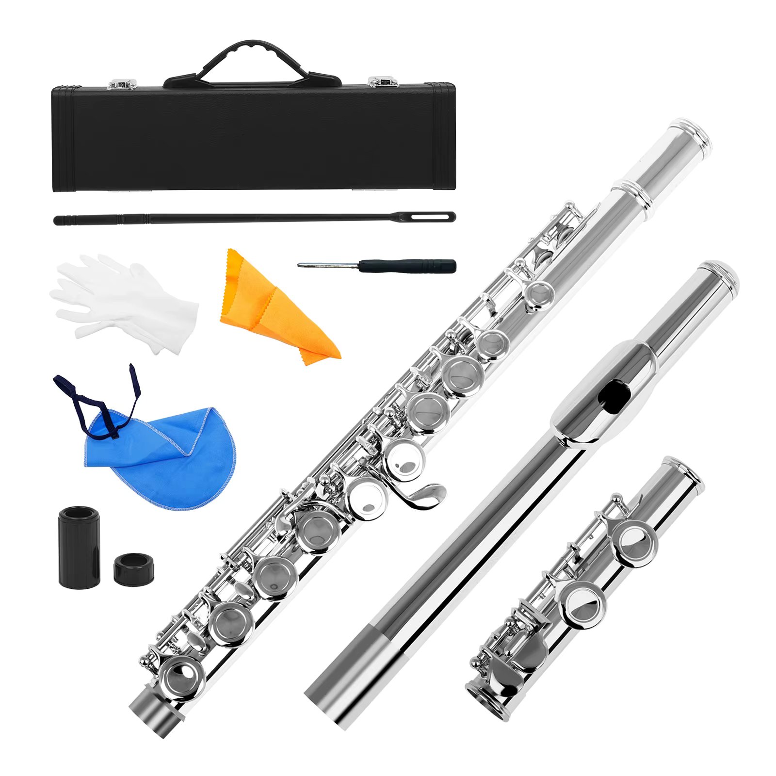 Western Concert Flute Cupronickel Nicke Plated 16 Holes C Key Woodwind Instrument with Cleaning Cloth Stick Gloves