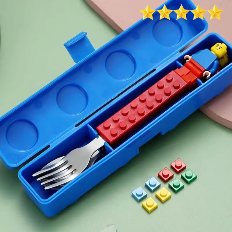 【Hot sales】304 Stainless Kids Funny Fork Spoon Set Children Building Block Toys Cartoon Steel Tableware Portable Storage Jigsaw