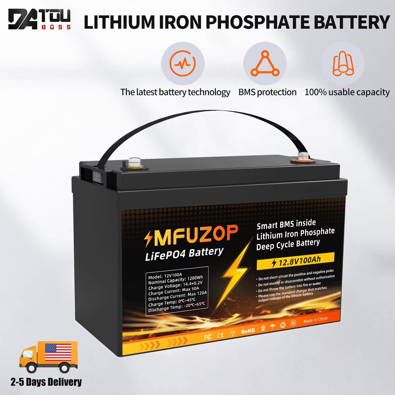 DTOUBOSS LiFePO4 Original Lithium BMS 12V 100Ah Rechargeable U.S. Warehouse For Solar System RV Outdoor Travel Home
