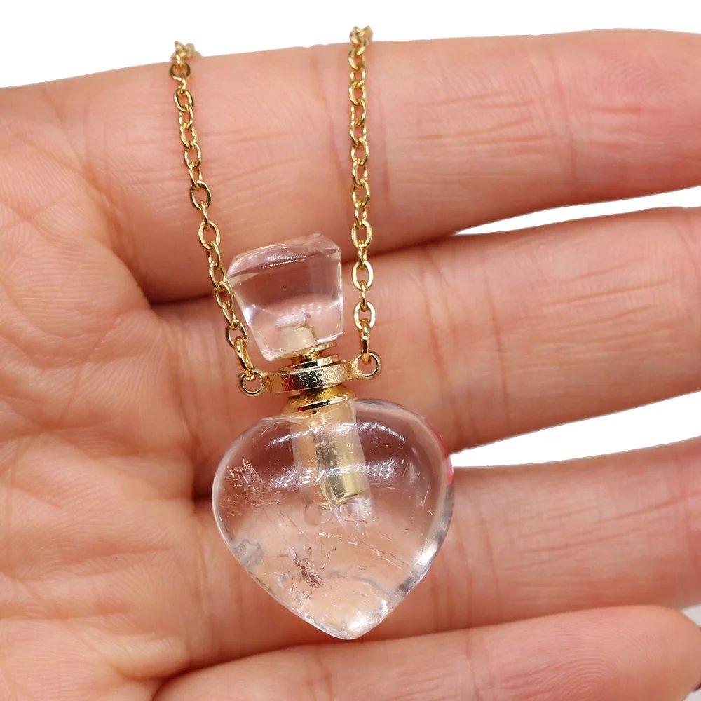 Clear Quartz Heart Bottle Essential Oil Pendant Necklaces for Women Natural Stone Lapis Lazuli Perfume Bottle Necklace Jewelry