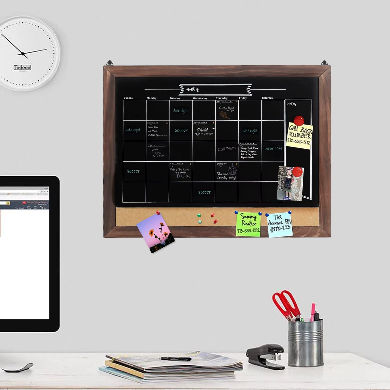 Wood Framed Calendar Chalkboard Magnetic Blackboard Monthly Weekly Notice Board