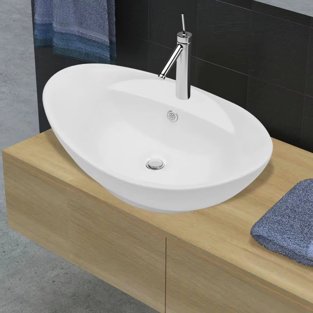 Elegant Oval Ceramic Sink with Overflow & Faucet Hole - Luxury Bathroom Basin