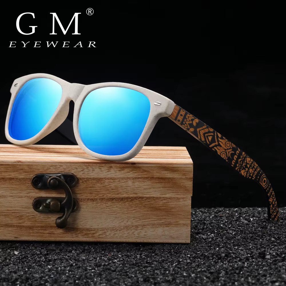 GM Natural Bamboo Fashion Wooden Sunglasses Handmade Polarized Mirror Coating Lenses With Gift Box Temple Pattern Sunglasses