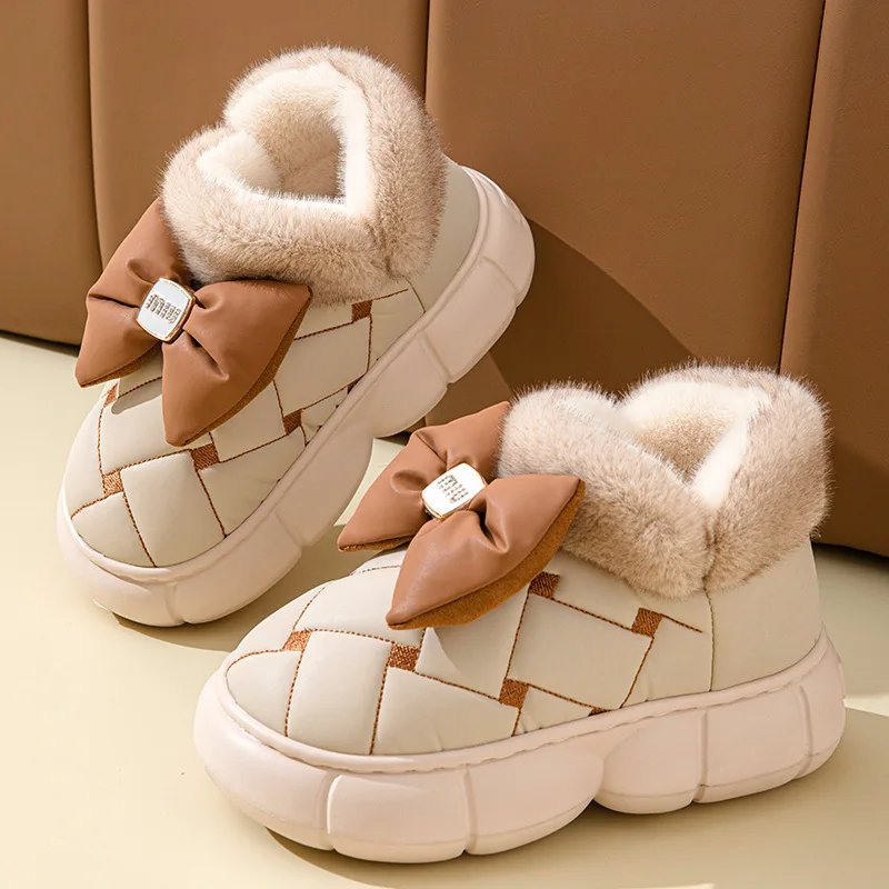 Winter Women Fashion Bowknot Cotton Shoes Thick Sole Down Waterproof Snow Boots Woman Thick Plush Warm Platform Ankle Boots 2024