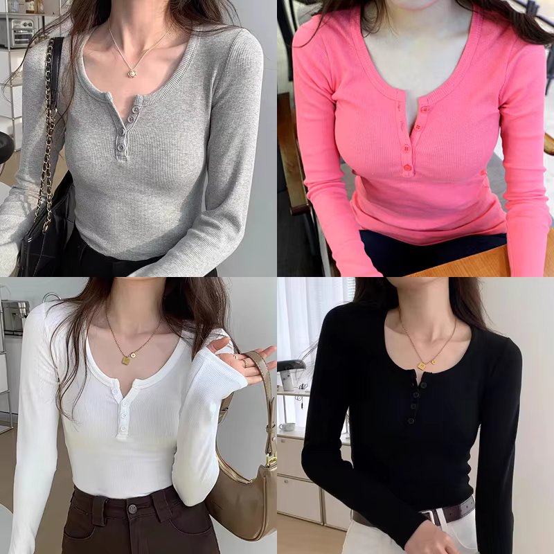 1 + 1 Style Ayul Women T-Shirt Half Open Button Slim Fit Long Sleeved Daily Women Basic Tis TS2913