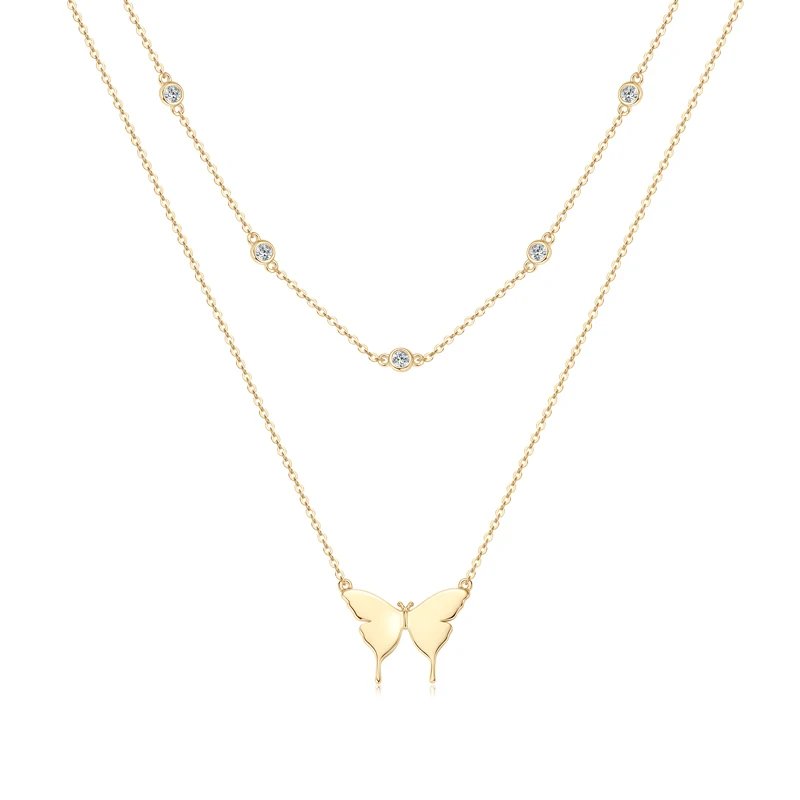 IOGOU Double Layered Moissanite Necklace 925 Sterling Silver Butterfly Pendant Clavicle Chain for Women Jewelry Gifts Christmas