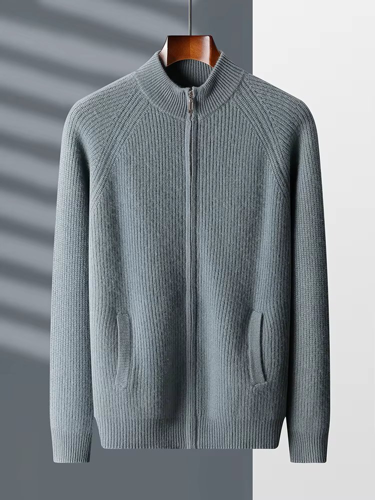 High-end Autumn Winter Thick Men Sweater 100% Cashmere Long Sleeve Mock-neck Zipper Cardigan Soft Warm Knitwear Men Clothing