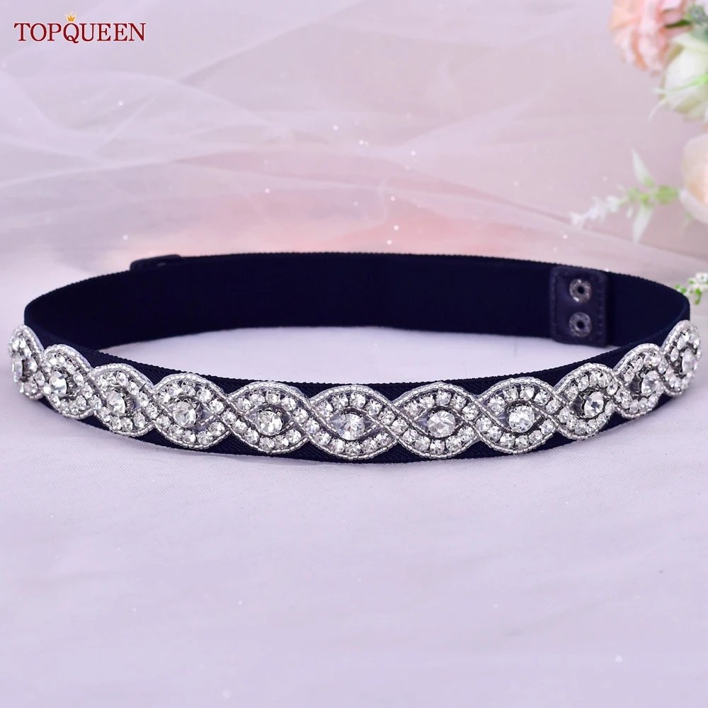 TOPQUEEN S26-B Wedding Dress Elastic Belts Silver Rhinestone Bridesmaids Sash Women Accessories Wide Party Prom Gown Applique