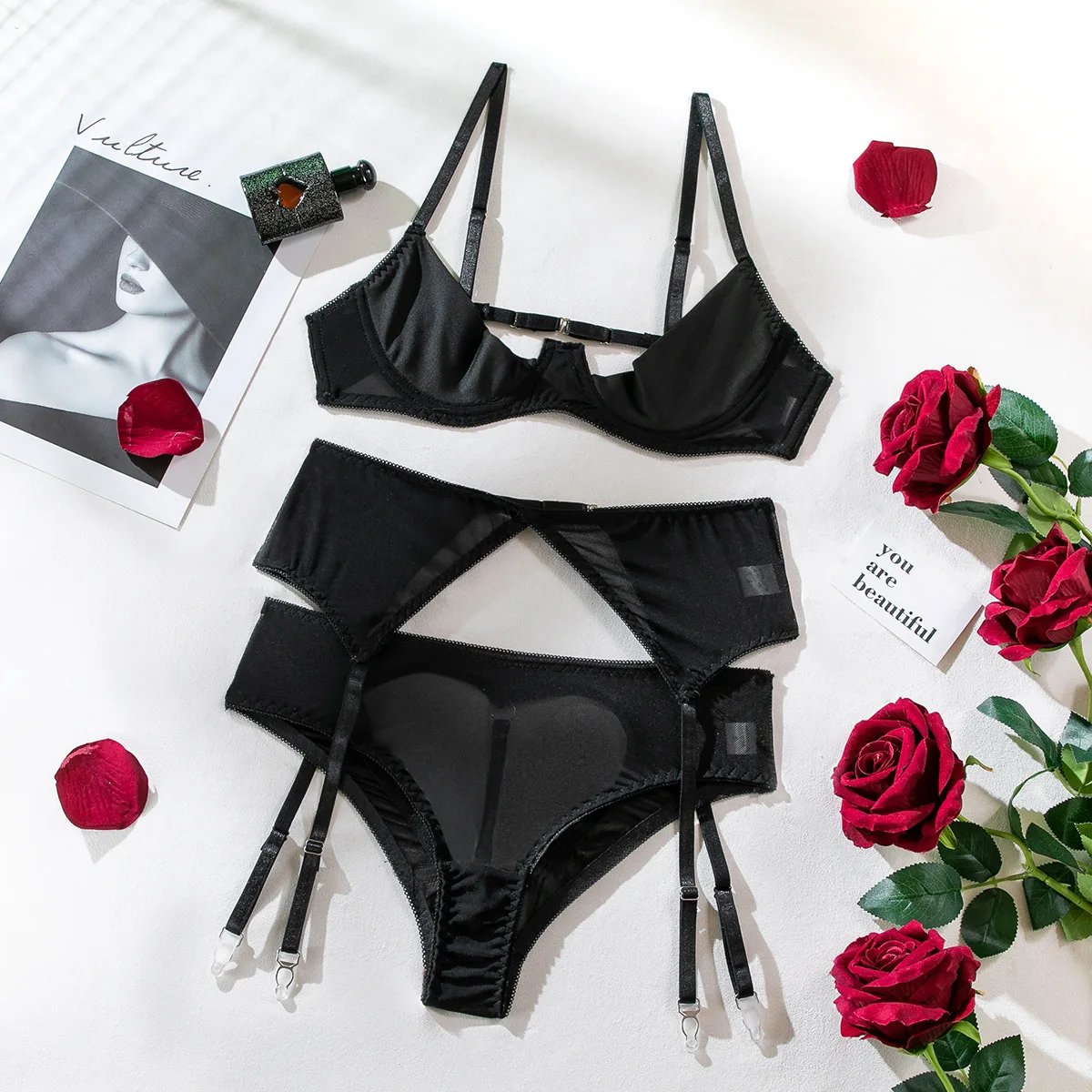 3-Piece Exotic Sets Sexy Underwire Push Up Bra Brief Set Hot Erotic Open Bra Garter Kit Sensual Intimates Women Lingerie
