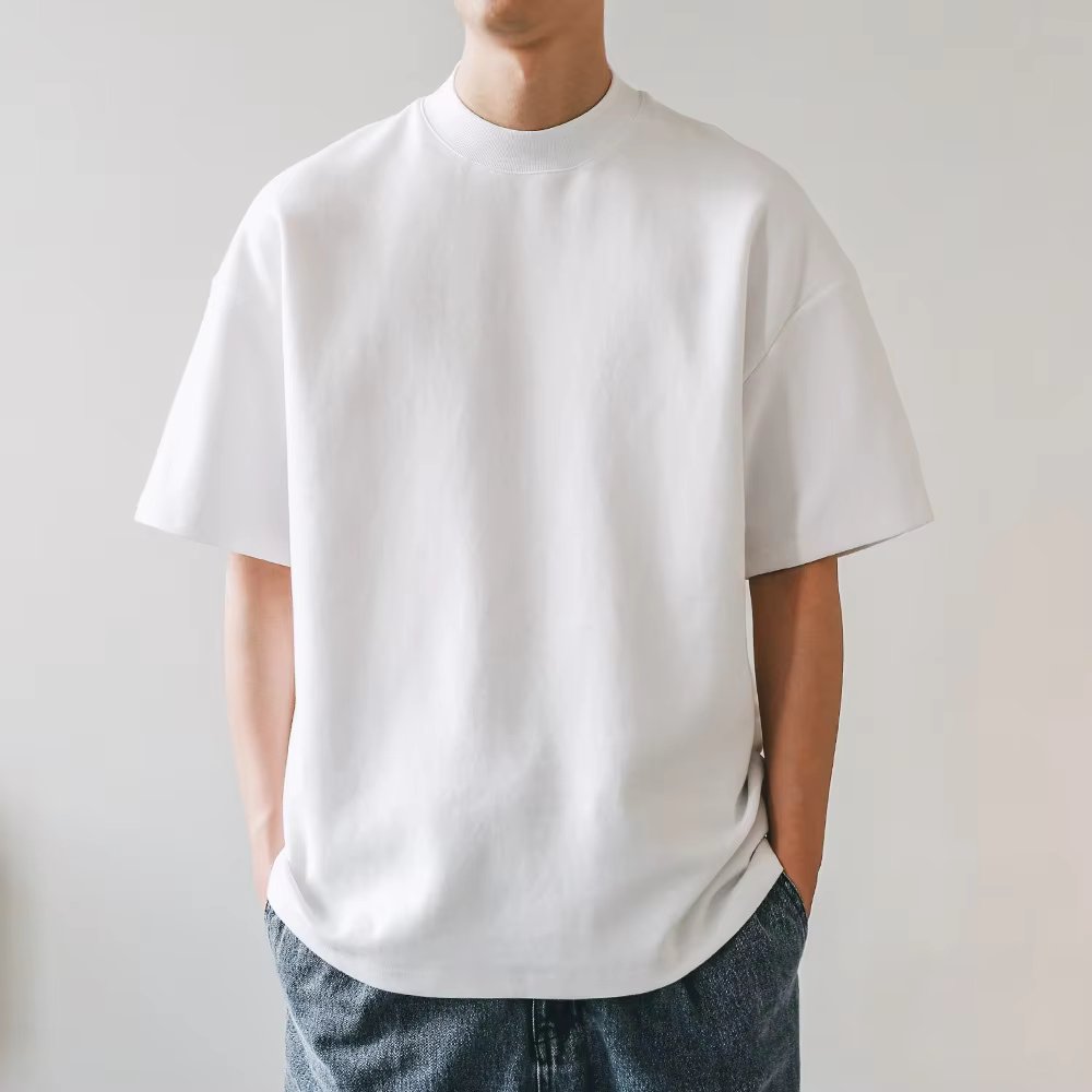 Small Neck T-shirts Men 350gsm Cotton Solid Color Male Short-sleeved T-shirt Spring Summer Loose Bottoming Shirt Casual T Shirts