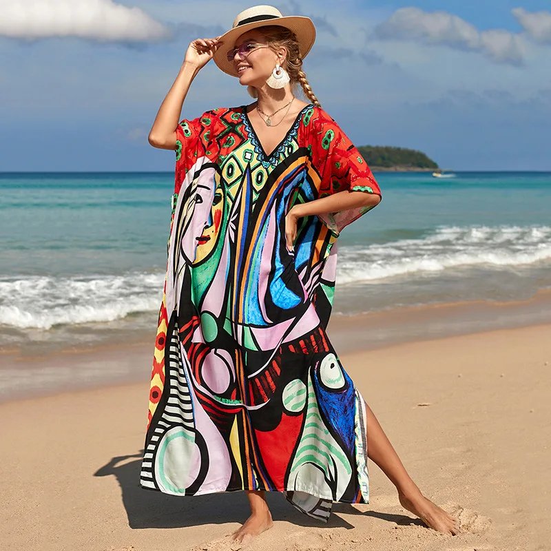 Plus Size Swimsuit Kaftans Beach Cover Ups Colorful Outfits Dress Bathing Suit for Women Vacation Outfits