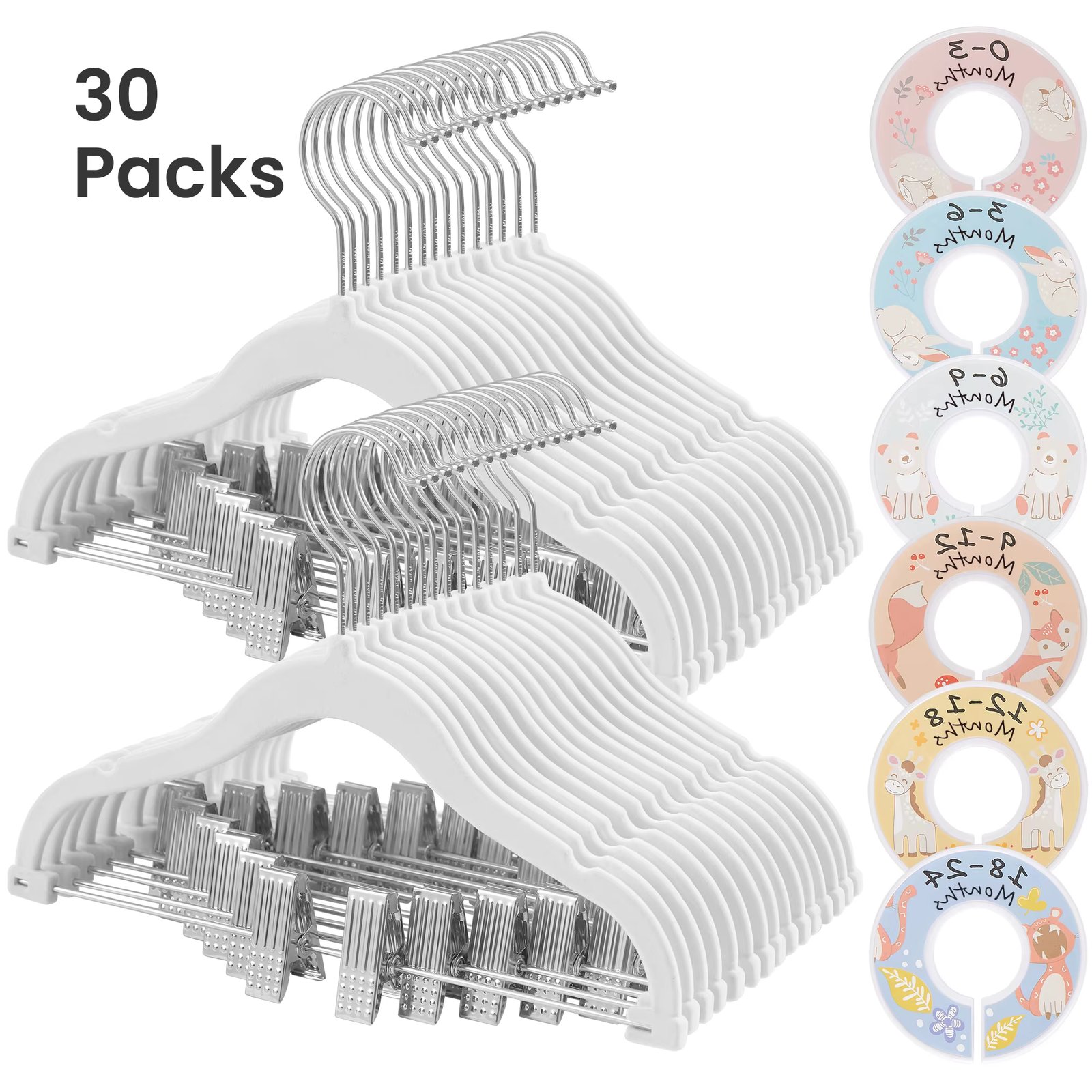 SONGMICS Baby Hangers, 30 Packs Pants Hangers with Clips, Kids Hangers with 6 Clothes Dividers,Non-Slip Children’s Clothes Hang