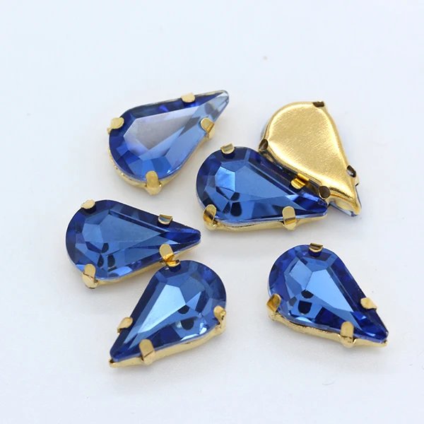5x8mm 6x10mm 8x13mm 24-Colors Sew on Flat Water Drops Teardrop Crystal  Rhinestones With Gold Claw Button Wedding Dress Bags Diy