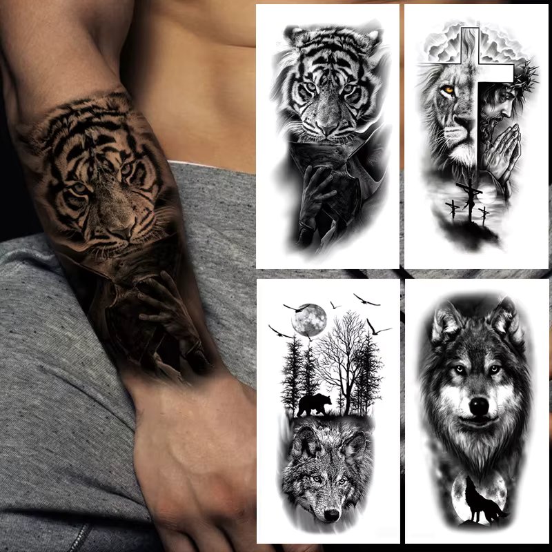 Waterproof Temporary Tattoos for Men Women Animal Lion Tiger Bear Tattoo Stickers Wolf Crown Body Art Arm Fake Tatoo