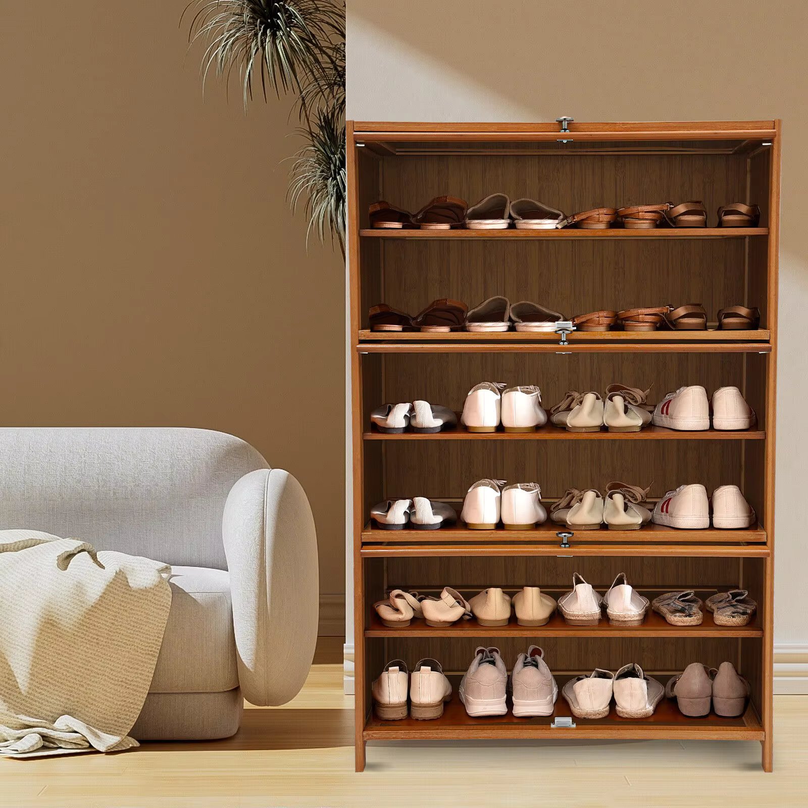 6-Tier Shoe Organizer Storage Cabinet w/ 3 Flip-up Door 32" Entryway Bamboo