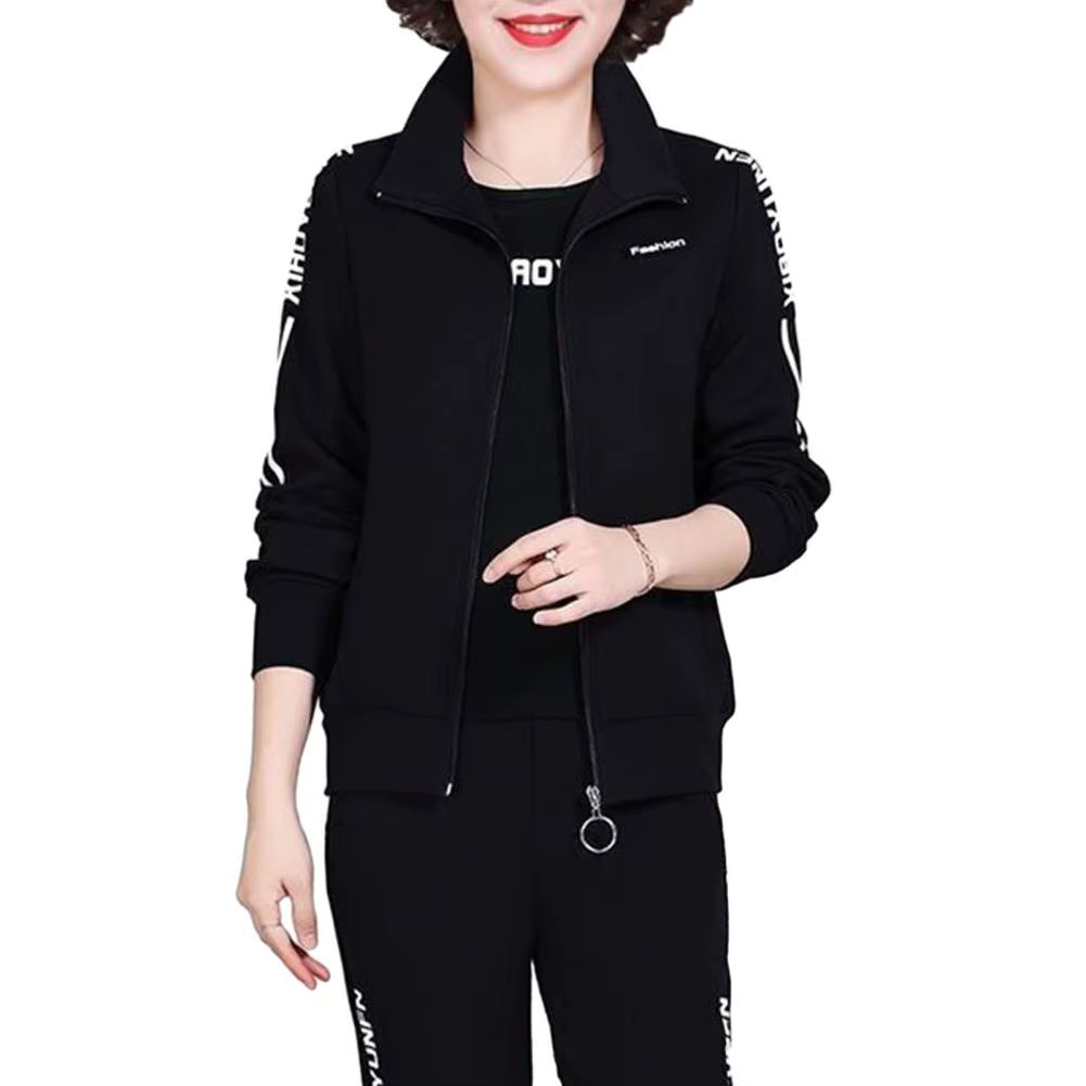 Women Suit Mid-aged Women's Fall Winter 3-piece Suit Letter Print Coat Round Neck Top Elastic Waist Pants Plus Size Thick Soft