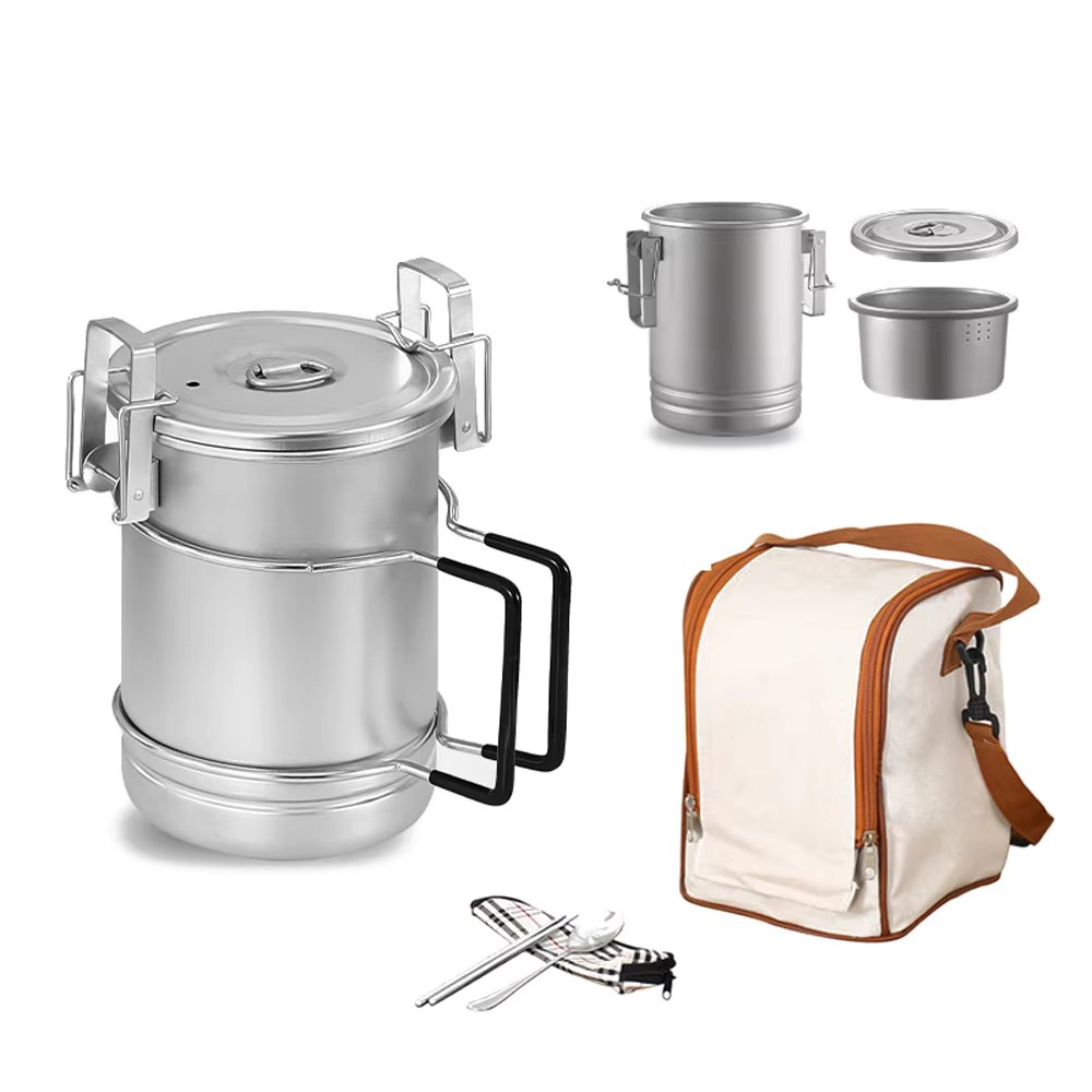 Portable 304 Stainless Steel Camping Cooking Pot Large Capacity Multi-functional Steaming Pot with Removable Handle