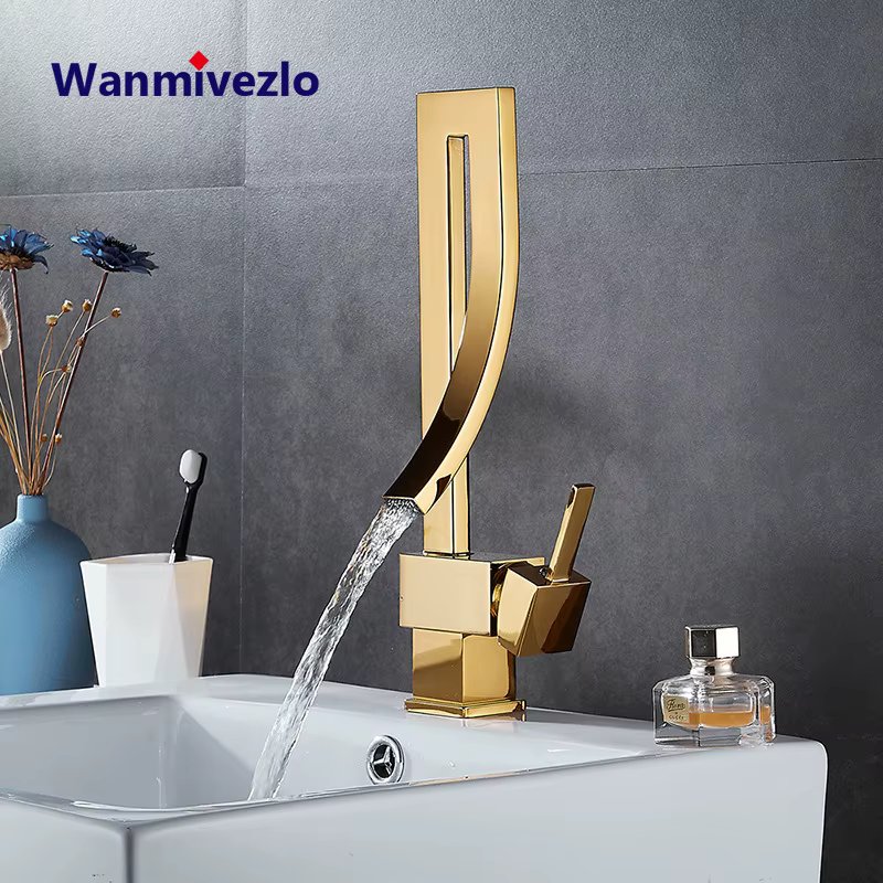 Wanmivezlo Bathroom Basin Faucet Brass Deck Mounted Waterfall Mixer Taps Single Handle Hot Cold Water Mixer Tap